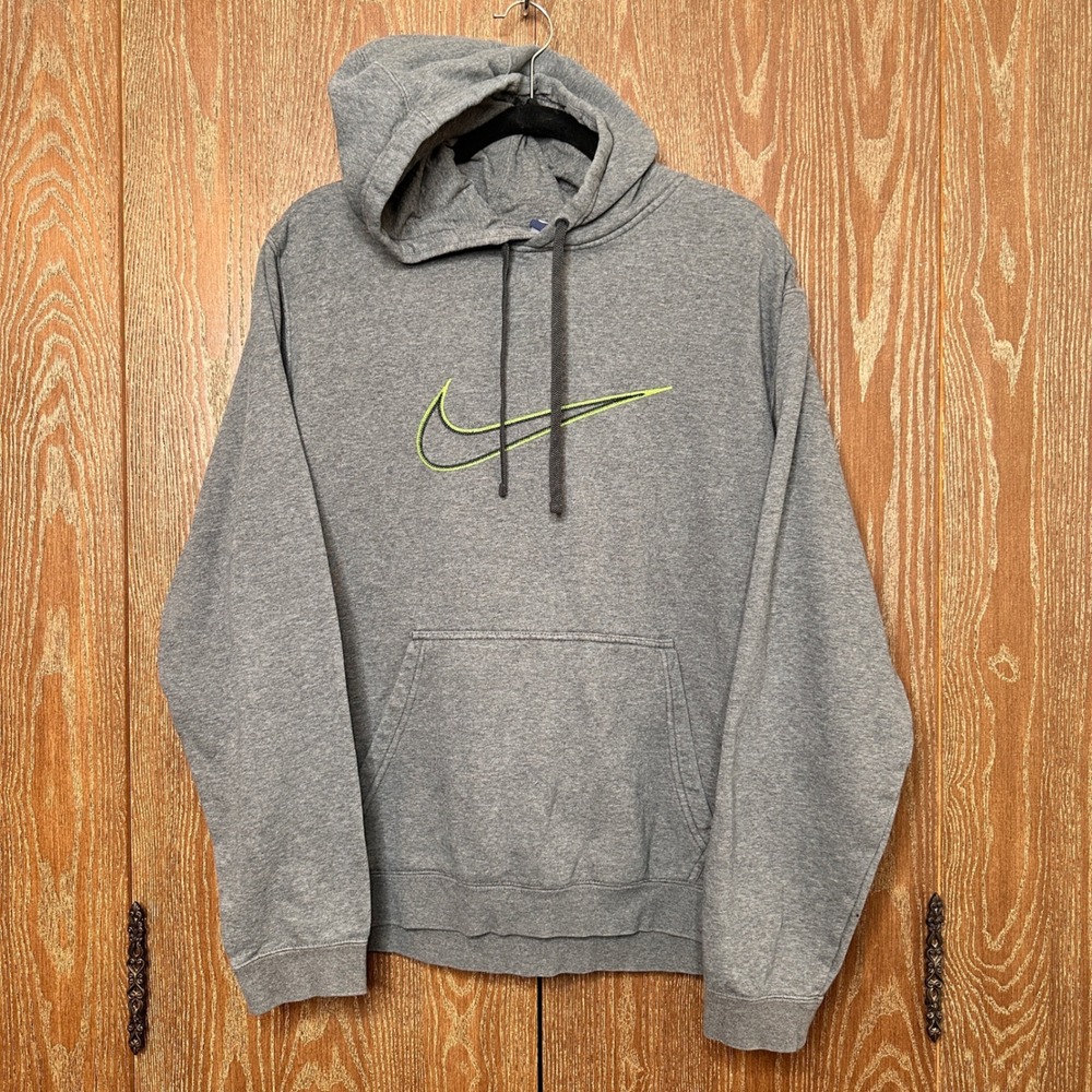Nike Mens XL Hoodie Gray Neon Green Embroidered Swoosh Pullover Sweatshirt - Picture 2 of 12